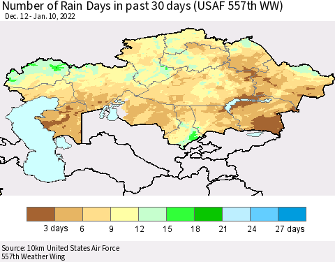 Kazakhstan Number of Rain Days in past 30 days (USAF 557th WW) 01/10/2022 Thematic Map For 1/6/2022 - 1/10/2022