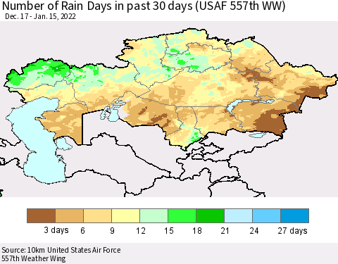 Kazakhstan Number of Rain Days in past 30 days (USAF 557th WW) 01/15/2022 Thematic Map For 1/11/2022 - 1/15/2022