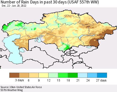Kazakhstan Number of Rain Days in past 30 days (USAF 557th WW) 01/20/2022 Thematic Map For 1/16/2022 - 1/20/2022