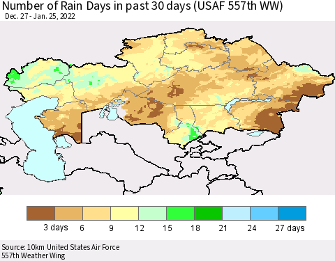 Kazakhstan Number of Rain Days in past 30 days (USAF 557th WW) 01/25/2022 Thematic Map For 1/21/2022 - 1/25/2022