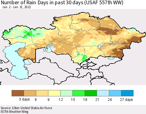 Kazakhstan Number of Rain Days in past 30 days (USAF 557th WW) 01/31/2022 Thematic Map For 1/26/2022 - 1/31/2022