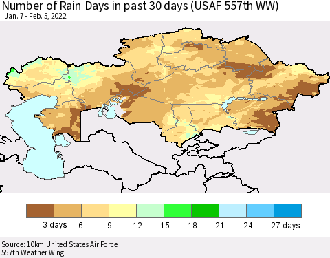 Kazakhstan Number of Rain Days in past 30 days (USAF 557th WW) 02/05/2022 Thematic Map For 2/1/2022 - 2/5/2022