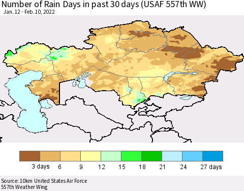 Kazakhstan Number of Rain Days in past 30 days (USAF 557th WW) 02/10/2022 Thematic Map For 2/6/2022 - 2/10/2022