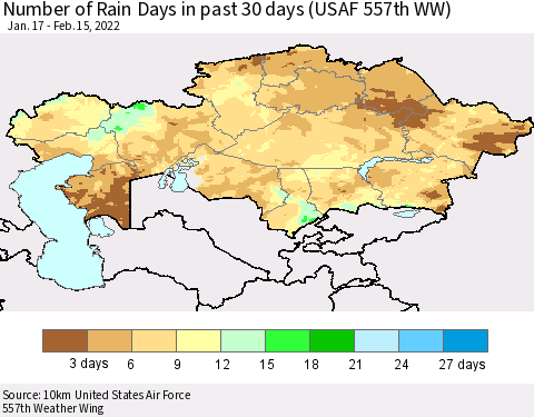 Kazakhstan Number of Rain Days in past 30 days (USAF 557th WW) 02/15/2022 Thematic Map For 2/11/2022 - 2/15/2022