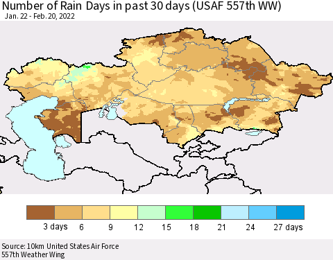 Kazakhstan Number of Rain Days in past 30 days (USAF 557th WW) 02/20/2022 Thematic Map For 2/16/2022 - 2/20/2022