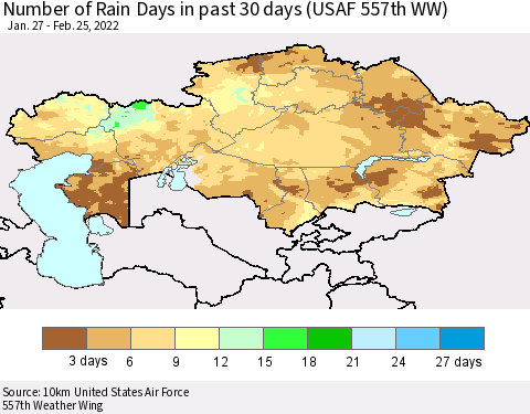 Kazakhstan Number of Rain Days in past 30 days (USAF 557th WW) 02/25/2022 Thematic Map For 2/21/2022 - 2/25/2022