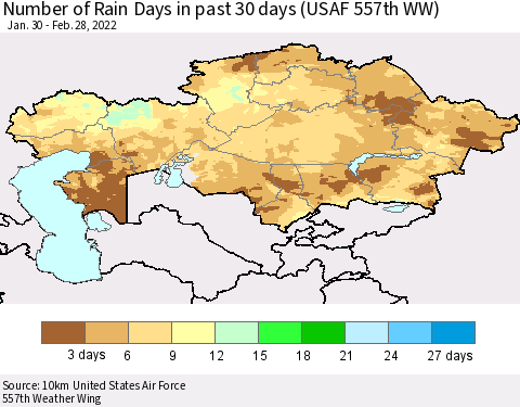 Kazakhstan Number of Rain Days in past 30 days (USAF 557th WW) 02/28/2022 Thematic Map For 2/26/2022 - 2/28/2022