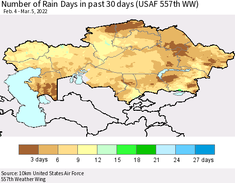 Kazakhstan Number of Rain Days in past 30 days (USAF 557th WW) 03/05/2022 Thematic Map For 3/1/2022 - 3/5/2022