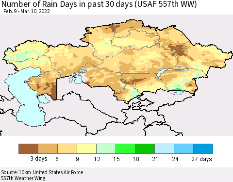Kazakhstan Number of Rain Days in past 30 days (USAF 557th WW) 03/10/2022 Thematic Map For 3/6/2022 - 3/10/2022
