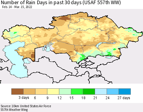 Kazakhstan Number of Rain Days in past 30 days (USAF 557th WW) 03/15/2022 Thematic Map For 3/11/2022 - 3/15/2022