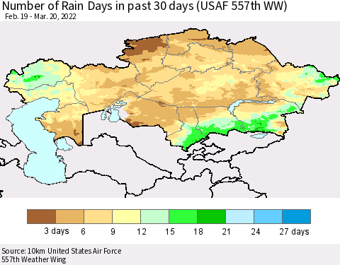 Kazakhstan Number of Rain Days in past 30 days (USAF 557th WW) 03/20/2022 Thematic Map For 3/16/2022 - 3/20/2022