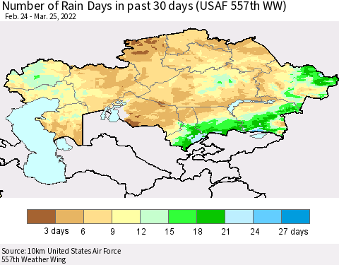 Kazakhstan Number of Rain Days in past 30 days (USAF 557th WW) 03/25/2022 Thematic Map For 3/21/2022 - 3/25/2022