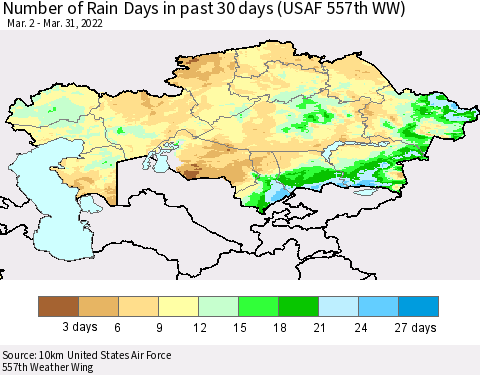 Kazakhstan Number of Rain Days in past 30 days (USAF 557th WW) 03/31/2022 Thematic Map For 3/26/2022 - 3/31/2022