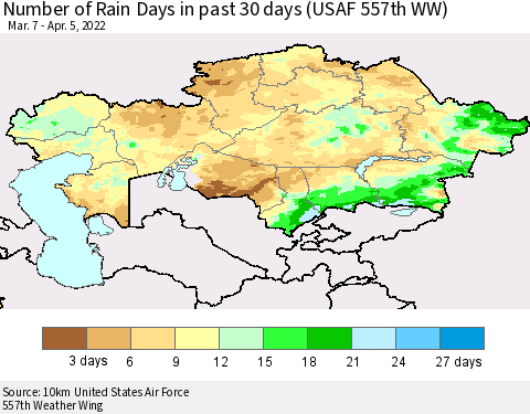 Kazakhstan Number of Rain Days in past 30 days (USAF 557th WW) 04/05/2022 Thematic Map For 4/1/2022 - 4/5/2022