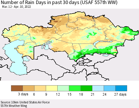 Kazakhstan Number of Rain Days in past 30 days (USAF 557th WW) 04/10/2022 Thematic Map For 4/6/2022 - 4/10/2022