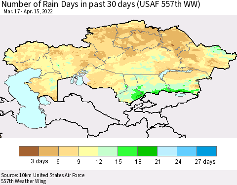 Kazakhstan Number of Rain Days in past 30 days (USAF 557th WW) 04/15/2022 Thematic Map For 4/11/2022 - 4/15/2022