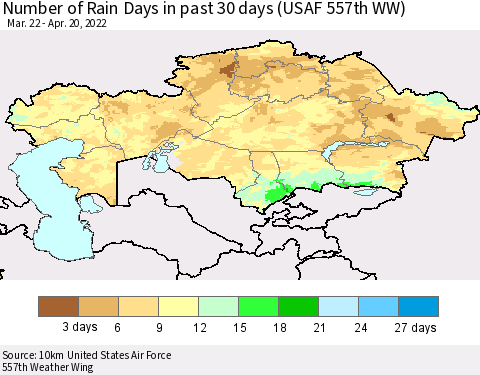 Kazakhstan Number of Rain Days in past 30 days (USAF 557th WW) 04/20/2022 Thematic Map For 4/16/2022 - 4/20/2022