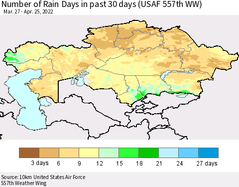 Kazakhstan Number of Rain Days in past 30 days (USAF 557th WW) 04/25/2022 Thematic Map For 4/21/2022 - 4/25/2022