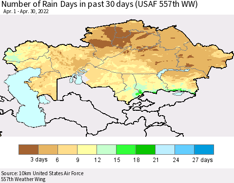 Kazakhstan Number of Rain Days in past 30 days (USAF 557th WW) 04/30/2022 Thematic Map For 4/26/2022 - 4/30/2022