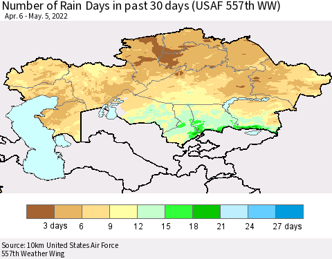 Kazakhstan Number of Rain Days in past 30 days (USAF 557th WW) 05/05/2022 Thematic Map For 5/1/2022 - 5/5/2022