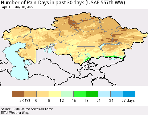 Kazakhstan Number of Rain Days in past 30 days (USAF 557th WW) 05/10/2022 Thematic Map For 5/6/2022 - 5/10/2022