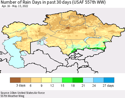 Kazakhstan Number of Rain Days in past 30 days (USAF 557th WW) 05/15/2022 Thematic Map For 5/11/2022 - 5/15/2022
