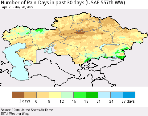 Kazakhstan Number of Rain Days in past 30 days (USAF 557th WW) 05/20/2022 Thematic Map For 5/16/2022 - 5/20/2022