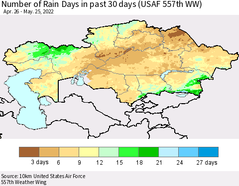 Kazakhstan Number of Rain Days in past 30 days (USAF 557th WW) 05/25/2022 Thematic Map For 5/21/2022 - 5/25/2022
