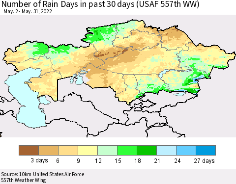 Kazakhstan Number of Rain Days in past 30 days (USAF 557th WW) 05/31/2022 Thematic Map For 5/26/2022 - 5/31/2022