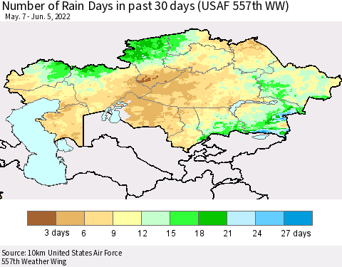Kazakhstan Number of Rain Days in past 30 days (USAF 557th WW) 06/05/2022 Thematic Map For 6/1/2022 - 6/5/2022