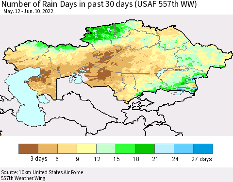 Kazakhstan Number of Rain Days in past 30 days (USAF 557th WW) 06/10/2022 Thematic Map For 6/6/2022 - 6/10/2022