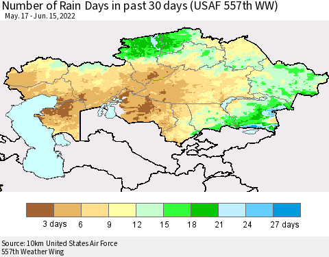 Kazakhstan Number of Rain Days in past 30 days (USAF 557th WW) 06/15/2022 Thematic Map For 6/11/2022 - 6/15/2022