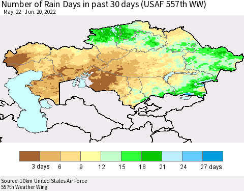 Kazakhstan Number of Rain Days in past 30 days (USAF 557th WW) 06/20/2022 Thematic Map For 6/16/2022 - 6/20/2022