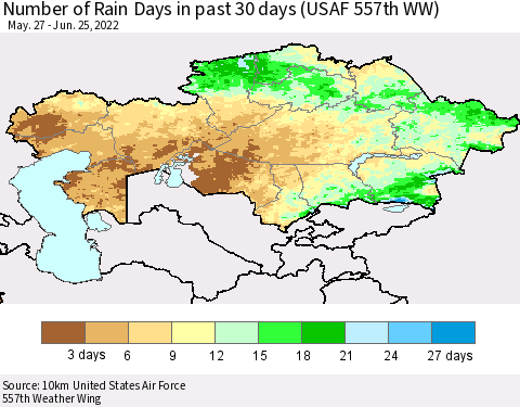 Kazakhstan Number of Rain Days in past 30 days (USAF 557th WW) 06/25/2022 Thematic Map For 6/21/2022 - 6/25/2022