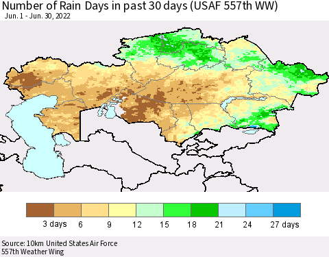 Kazakhstan Number of Rain Days in past 30 days (USAF 557th WW) 06/30/2022 Thematic Map For 6/26/2022 - 6/30/2022