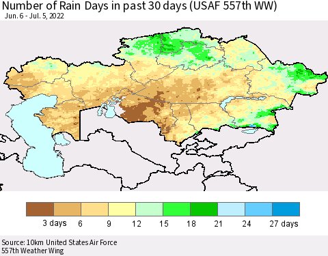 Kazakhstan Number of Rain Days in past 30 days (USAF 557th WW) 07/05/2022 Thematic Map For 7/1/2022 - 7/5/2022