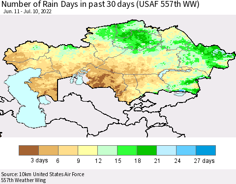 Kazakhstan Number of Rain Days in past 30 days (USAF 557th WW) 07/10/2022 Thematic Map For 7/6/2022 - 7/10/2022