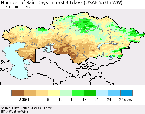 Kazakhstan Number of Rain Days in past 30 days (USAF 557th WW) 07/15/2022 Thematic Map For 7/11/2022 - 7/15/2022