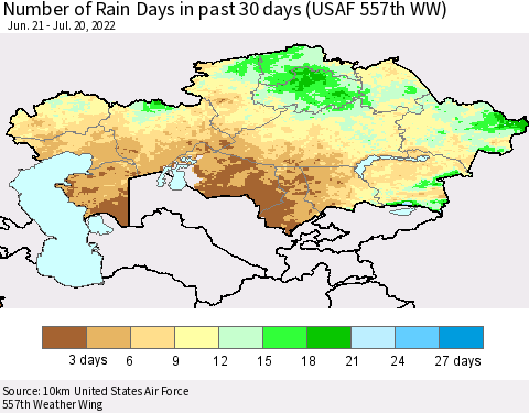 Kazakhstan Number of Rain Days in past 30 days (USAF 557th WW) 07/20/2022 Thematic Map For 7/16/2022 - 7/20/2022