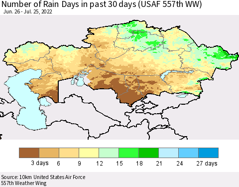 Kazakhstan Number of Rain Days in past 30 days (USAF 557th WW) 07/25/2022 Thematic Map For 7/21/2022 - 7/25/2022