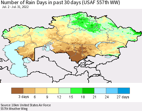 Kazakhstan Number of Rain Days in past 30 days (USAF 557th WW) 07/31/2022 Thematic Map For 7/26/2022 - 7/31/2022