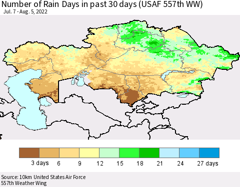 Kazakhstan Number of Rain Days in past 30 days (USAF 557th WW) 08/05/2022 Thematic Map For 8/1/2022 - 8/5/2022