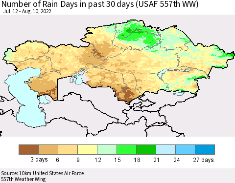Kazakhstan Number of Rain Days in past 30 days (USAF 557th WW) 08/10/2022 Thematic Map For 8/6/2022 - 8/10/2022