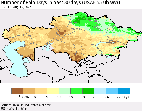 Kazakhstan Number of Rain Days in past 30 days (USAF 557th WW) 08/15/2022 Thematic Map For 8/11/2022 - 8/15/2022