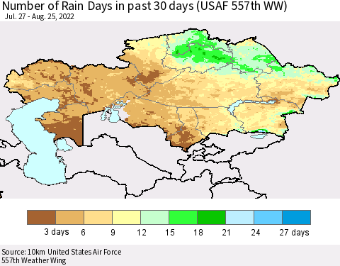 Kazakhstan Number of Rain Days in past 30 days (USAF 557th WW) 08/25/2022 Thematic Map For 8/21/2022 - 8/25/2022
