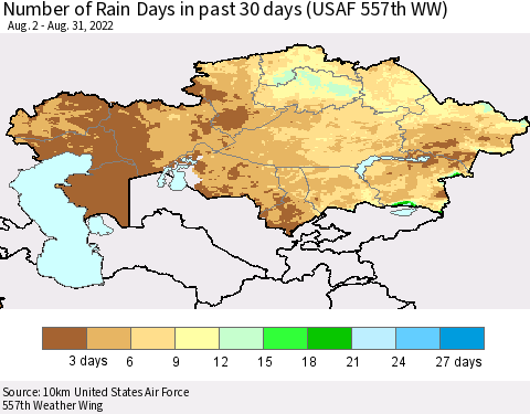 Kazakhstan Number of Rain Days in past 30 days (USAF 557th WW) 08/31/2022 Thematic Map For 8/26/2022 - 8/31/2022
