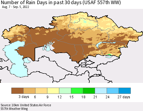 Kazakhstan Number of Rain Days in past 30 days (USAF 557th WW) 09/05/2022 Thematic Map For 9/1/2022 - 9/5/2022