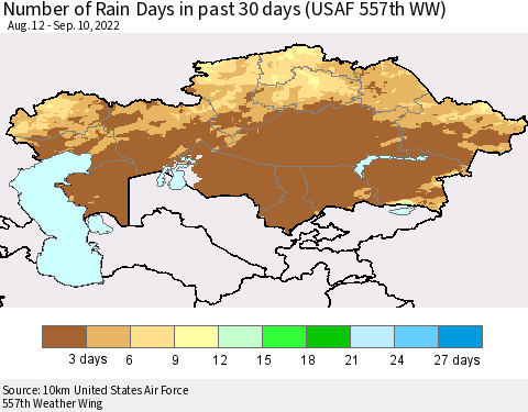 Kazakhstan Number of Rain Days in past 30 days (USAF 557th WW) 09/10/2022 Thematic Map For 9/6/2022 - 9/10/2022