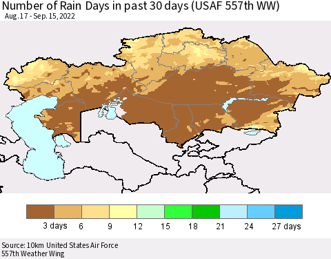 Kazakhstan Number of Rain Days in past 30 days (USAF 557th WW) 09/15/2022 Thematic Map For 9/11/2022 - 9/15/2022