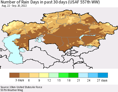 Kazakhstan Number of Rain Days in past 30 days (USAF 557th WW) 09/20/2022 Thematic Map For 9/16/2022 - 9/20/2022